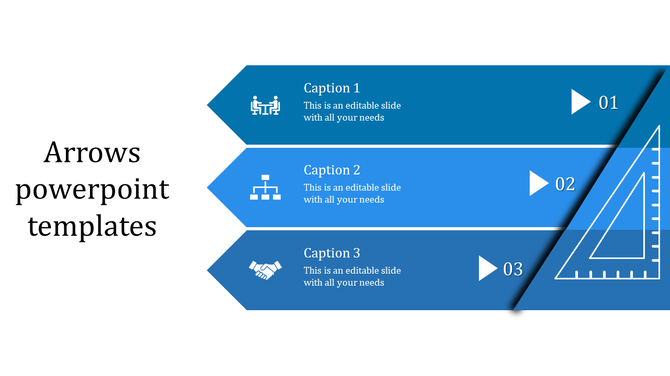 Horizontal blue arrows template with three segments, each containing icons, captions, and labels ending with a ruler graphic.