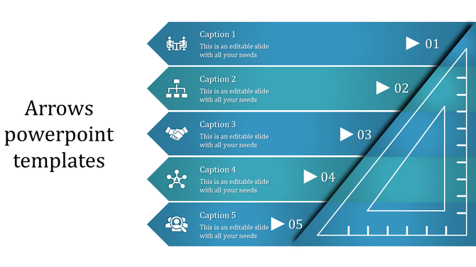 Arrow infographic with five segments, icons, captions, and numbered points ending near a triangular ruler graphic.