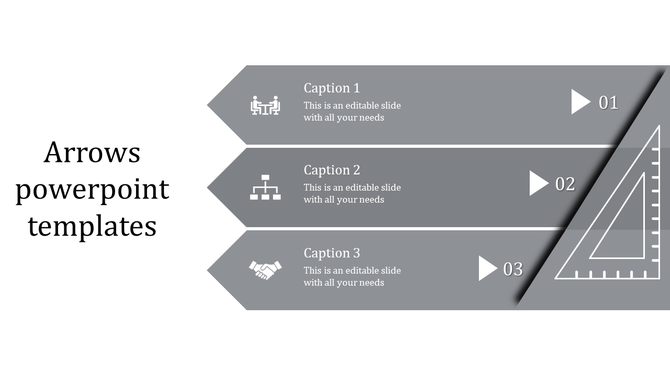 Gray infographic with three arrows, featuring business icons, numbered sections, and a triangular ruler on the right.