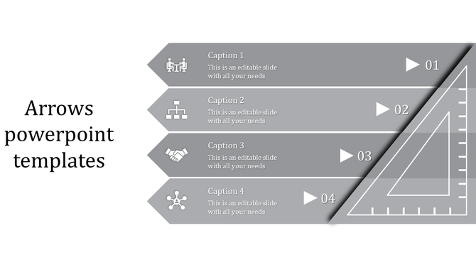 Arrow infographic with four gray segments, icons, captions, and numbered points ending near a triangular ruler graphic.