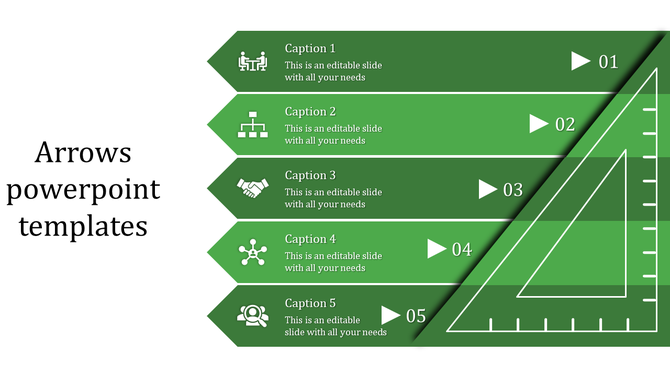 Green themed PowerPoint slide with five horizontal arrows and icons representing steps or processes.