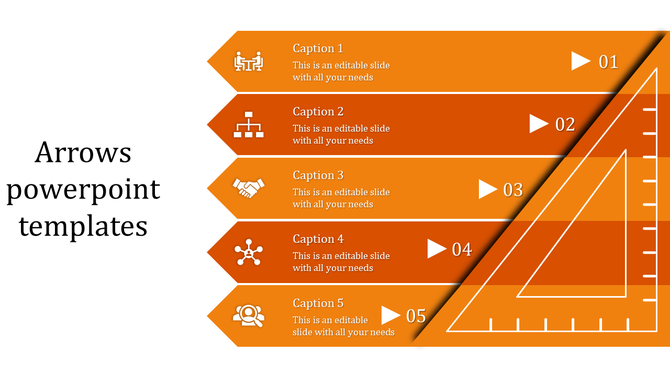 Arrow infographic with five orange segments, icons, captions, and numbered points ending near a triangular ruler graphic.