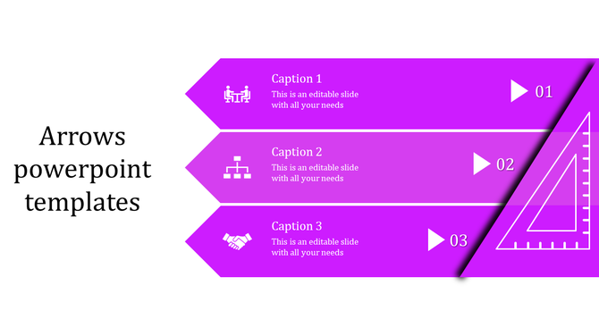 Three purple arrows infographic featuring icons, numbers, and a geometric ruler on the far right edge.