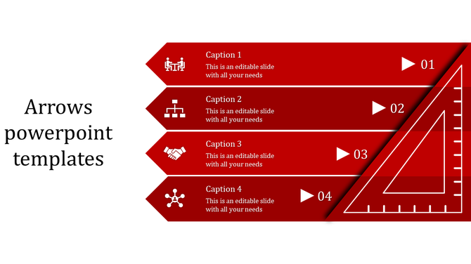 Four horizontal red arrows with icons and captions, pointing to numbers 01 to 04, alongside a triangular ruler design.