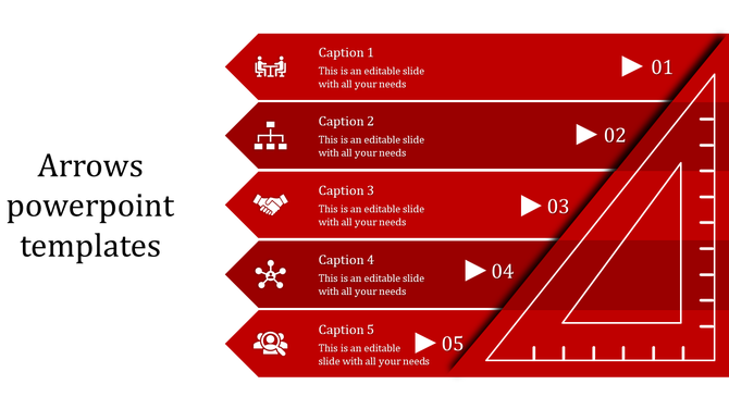 Five red arrows with icons and numbers, featuring a geometric ruler design on a clean white background.