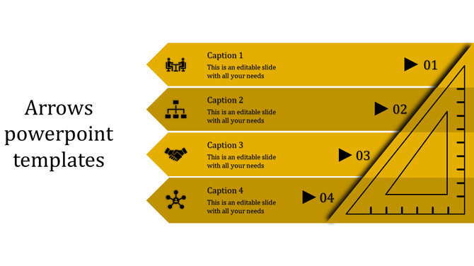 Template with four yellow horizontal arrows feauring icons, captions, and a triangular ruler design on the right.