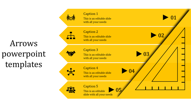 Symmetrical layout with five yellow arrows, icons, numbered steps, and a triangular ruler illustration on the right.