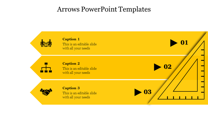 Arrow themed PowerPoint template with a yellow design featuring three captions and a ruler illustration on the right.