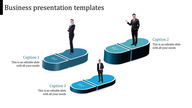 Business presentation template with three blue pill shaped platforms, each featuring a person and numbered captions.