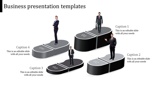 Grayscale 3D business slide with professionals on numbered platforms from 1 to 4, offering a sleek presentation design.