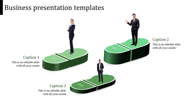 Infographic showing three green steps with business professionals, each marked with a number and a descriptive caption.