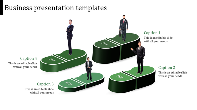 Green pill shaped platforms with four business professionals, numbered 01 to 04, and descriptive captions.