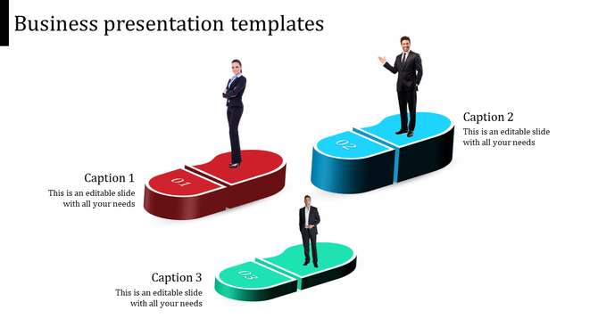 Staggered 3D platforms in red, blue, and green, representing steps labeled 01, 02, and 03 with business figures.