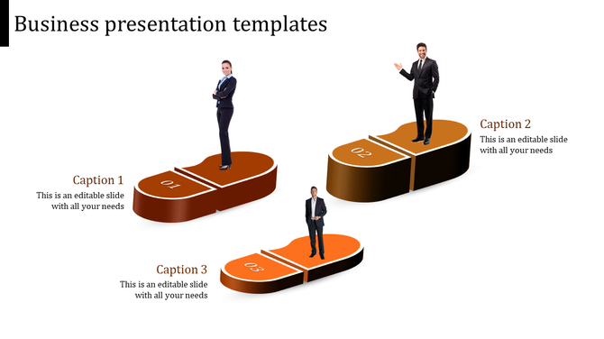 Business slide with three orange and brown segmented platforms showcasing professionals and captions.