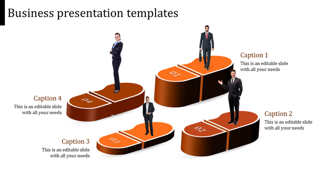 Business presentation slide with four orange segmented platforms featuring professional figures and captions.