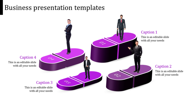 3D purple business slide with professionals on numbered platforms labeled from 1 to 4, showcasing a modern layout.
