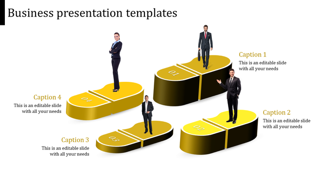 Infographic showing four individuals standing on 3D yellow pill platforms, labeled with steps and captions.