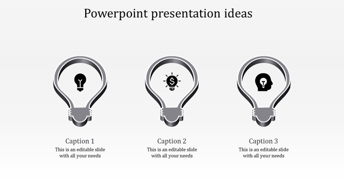 Three lightbulb shaped icons showcasing innovative PowerPoint presentation ideas.
