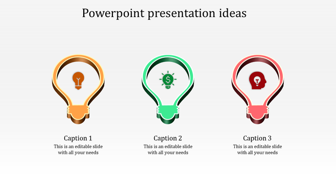 Three lightbulb icons, in gold, green, and red, each representing a different concept with icons inside the bulbs.