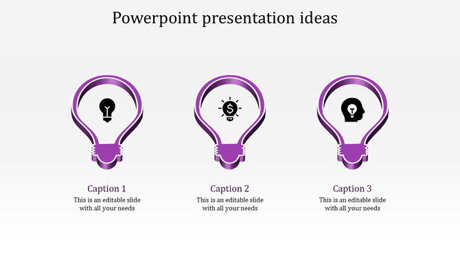 Slide with three lightbulb icons in purple, each containing a different icon idea, dollar, brain to represent concepts.