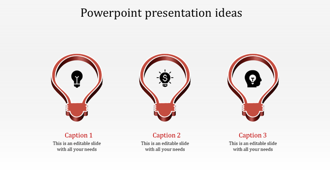 Three red lightbulb icons symbolize creativity, finance, and innovation for presentation ideas with captions.