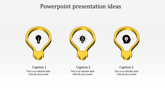 Three gold lightbulb icons showcasing ideas, financial growth, and innovation concepts for presentations.