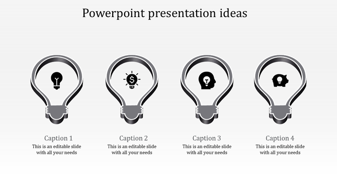 Slide featuring four gray lightbulb designs with black symbols, representing different concepts.