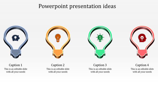 Light bulb shaped icons in different colors concepts such as ideas, finance, and innovation, arranged with captions areas.