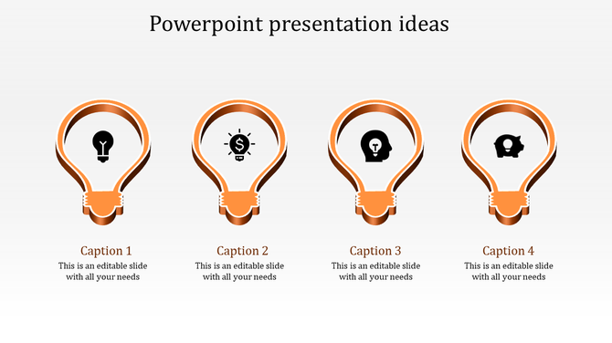 Four light bulb icons in orange with different symbols representing ideas, finance, innovation, and saving, with captions.