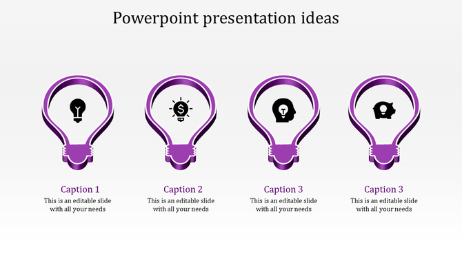 Four purple lightbulbs showcasing icons for ideas, financial growth, insights, and savings in a presentation template.