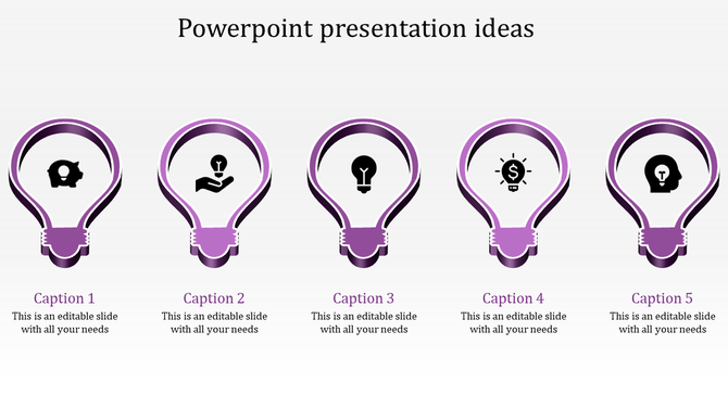 Row of five purple lightbulb graphics featuring black icons, highlighting distinct business or idea symbols.