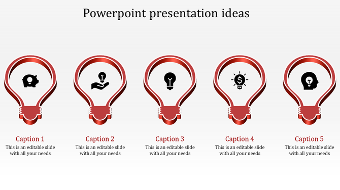 Red light bulb icons showcasing creative and financial ideas, each paired with captions.