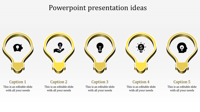 Gold light bulb icons represent various concepts like savings, ideas, creativity, finance, and innovation with captions.
