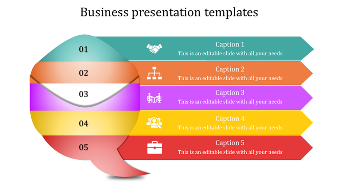 Colorful business presentation template with numbered sections and icons for a visually appealing layout.