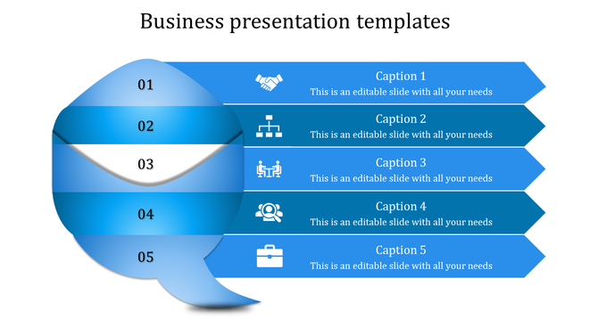 Blue layered speech bubble infographic with five horizontal segments, each labeled with a business icon and number.