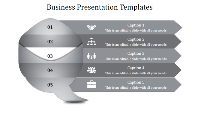 Business template with a curved gray centerpiece and five horizontal segments labeled with numbers and icons.