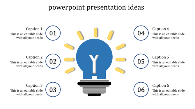 PowerPoint presentation ideas slide featuring a blue lightbulb with yellow rays and six numbered sections for captions.
