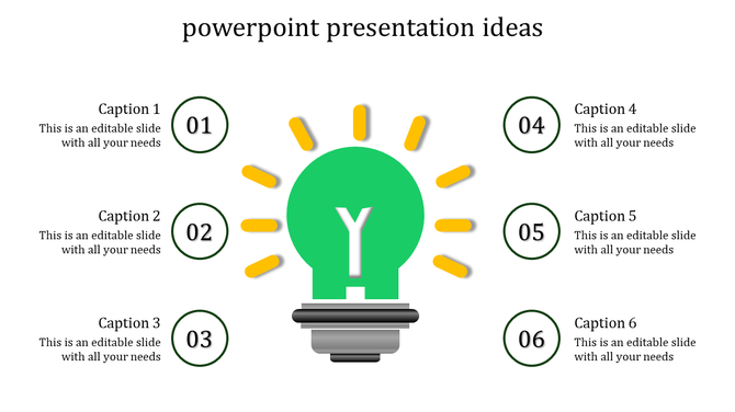 Concept slide showcasing a central green lightbulb, ringed by six circular placeholders for step-by-step ideas.