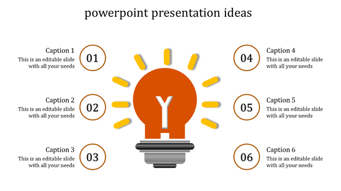Idea-focused slide design showing a bright bulb icon in orange, flanked by three numbered circles on each side.