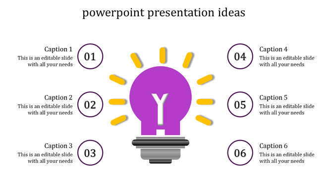 PPT presentation ideas slide featuring a central purple lightbulb with yellow rays and six numbered sections for captions.