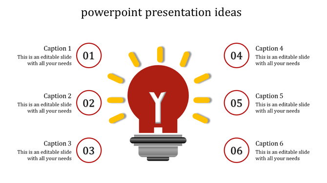 Red lightbulb icon with yellow rays representing ideas, surrounded by six numbered captions with descriptive text.