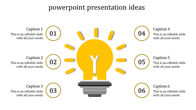 PowerPoint presentation ideas slide featuring a large lightbulb icon with six numbered sections for captions around it.