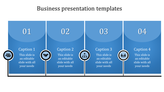 Sequential blue layout featuring four rounded rectangles with circular icons and a horizontal connection.