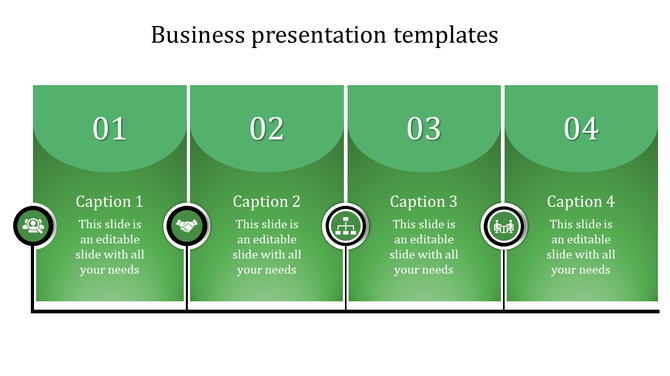 Four step business template with rounded green panels, numbered from 01 to 04, connected by a black line with icons.