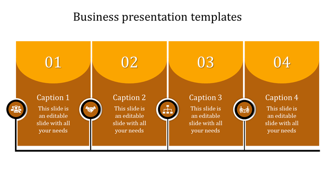 Four step business presentation slide in orange tones, featuring icons, numbers, and text boxes.