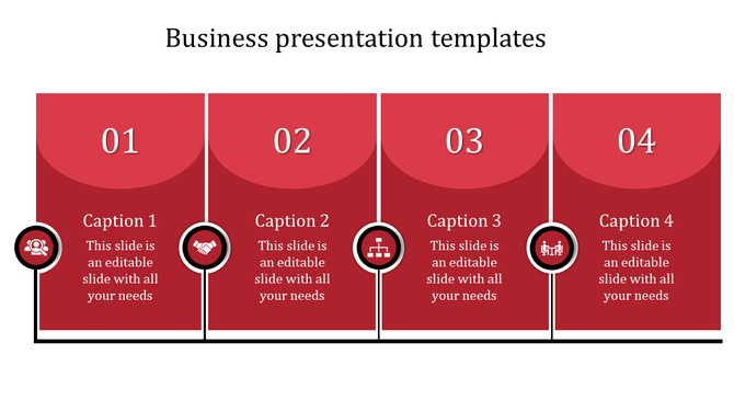 Business presentation template with four red sections, each labeled with a number and a caption.