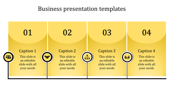 Four step business presentation template with numbered yellow sections, captions, and circular icons at the bottom.