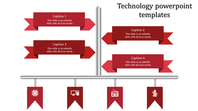 Technology PowerPoint template with red banners and icons, including a microchip, computer, radio, and robot with captions.