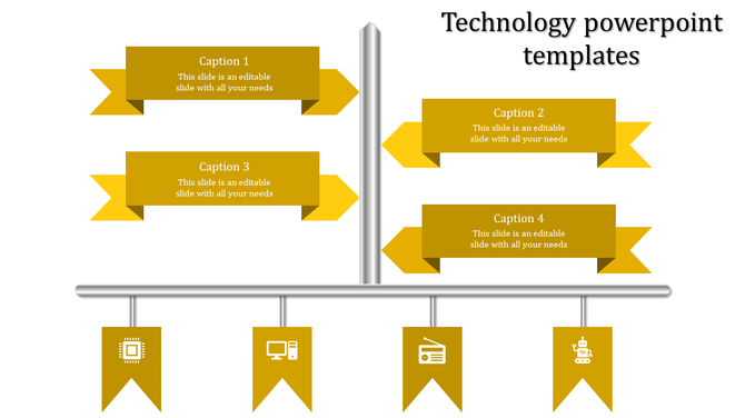 Modern infographic with gold ribbon banners for captions and four hanging flags displaying tech related icons.