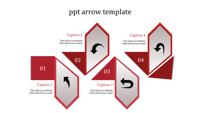 Arrow template featuring five angular arrows in red and silver with numbered captions placed in white background.